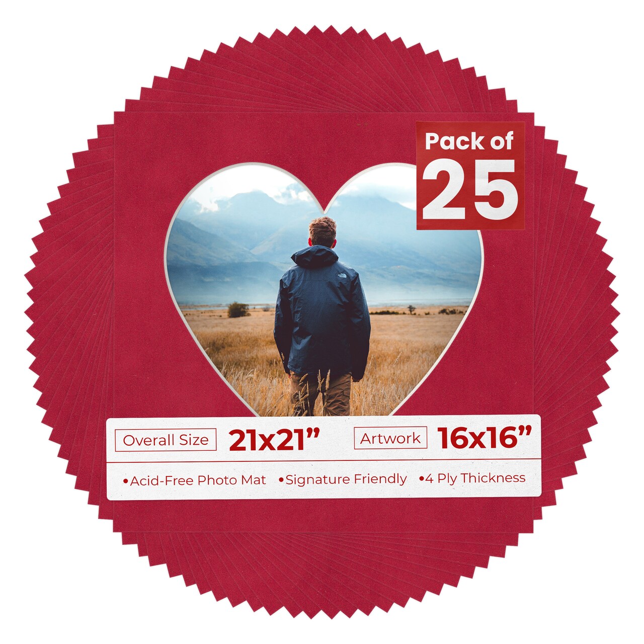 Red Suede Mat Board for 21x21 Frames - Heart Opening for 16x16 Photos